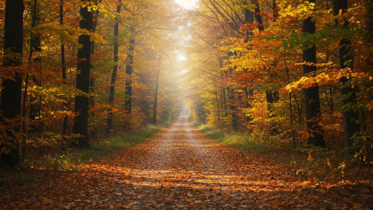 A Serene Autumn Pathway: Captivating Golden Hues of Fall in a Tranquil Forest Scene Inviting Nature Lovers for a Stroll through Vibrant Colors and Crisp Air