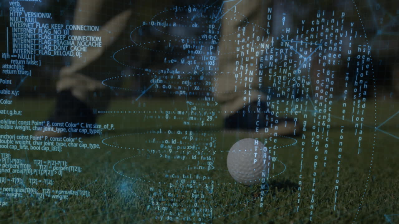 Male golfer crouching behind golf ball on putting green, floating blue code and technology overlay