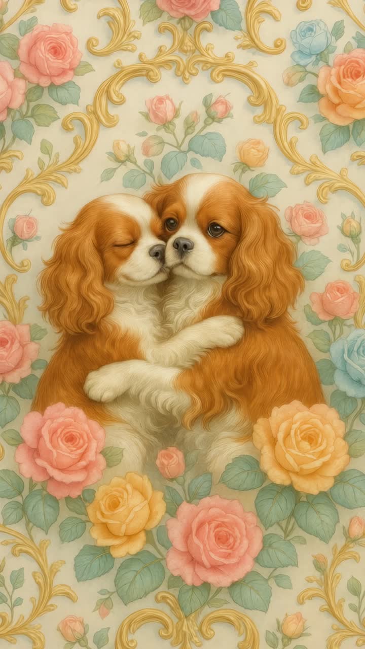 Deux Cavalier King Charles Spaniels se blottissent au milieu de roses pastel, capturés de face