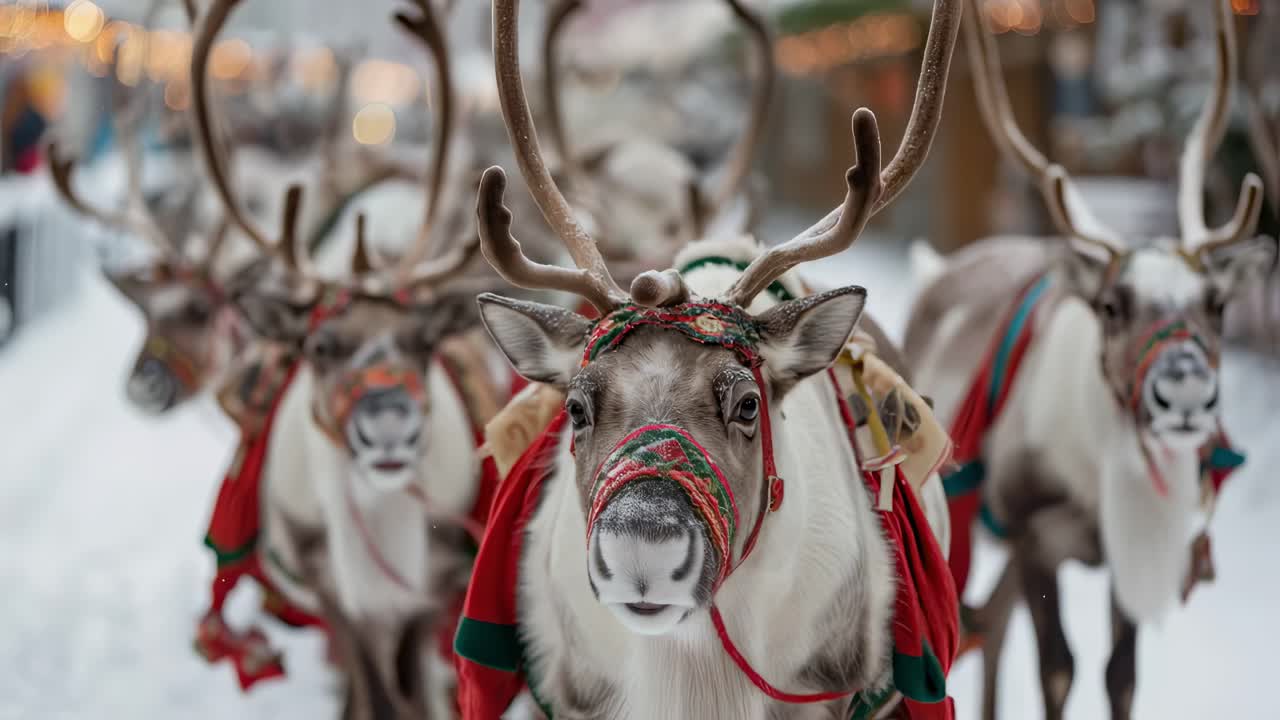 Group of reindeer wearing traditional Sami harnesses walk through a snowy village in Lapland, Finland, creating a magical Christmas atmosphere