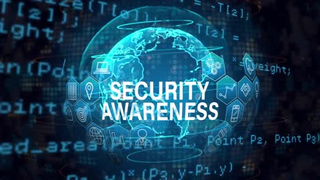 animation of security awareness text over globe and data processing