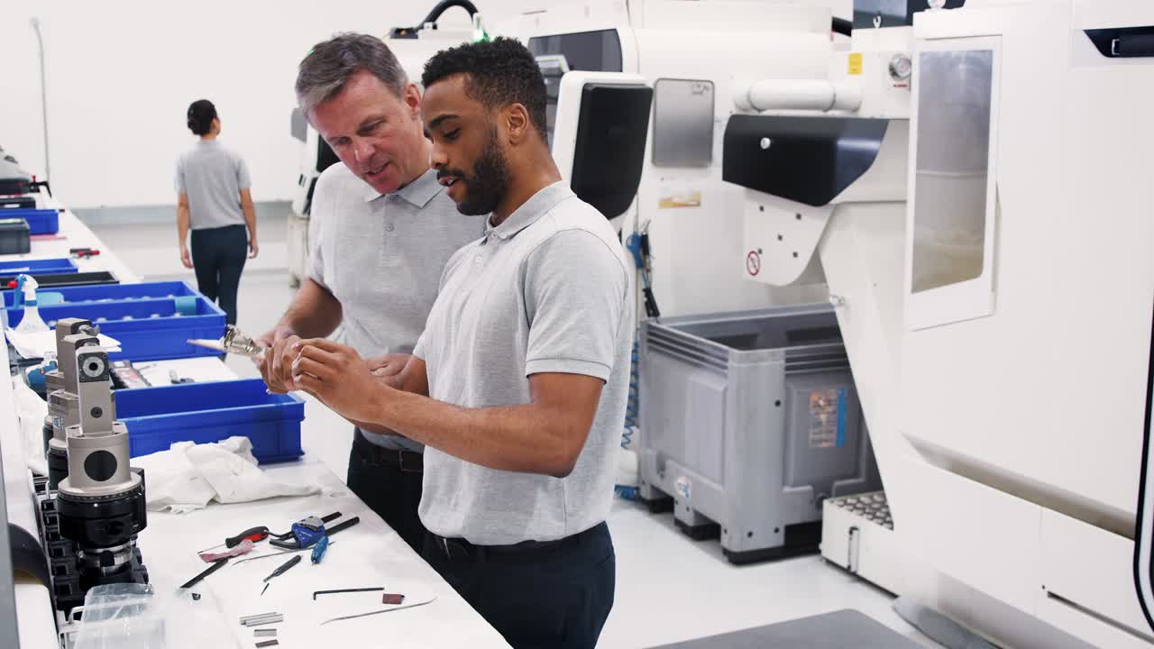 ingeniero y aprendiz masculino de componentes de medición en una planta de ingeniería de alta tecnología