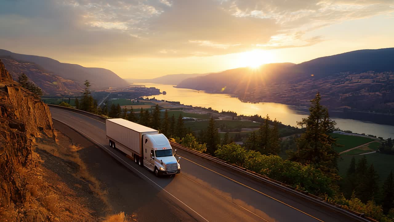 Un tramonto maestoso su una strada panoramica con un camion merci che viaggia lungo il paesaggio sereno, catturando la bellezza della natura e lo spirito di avventura sulla strada.