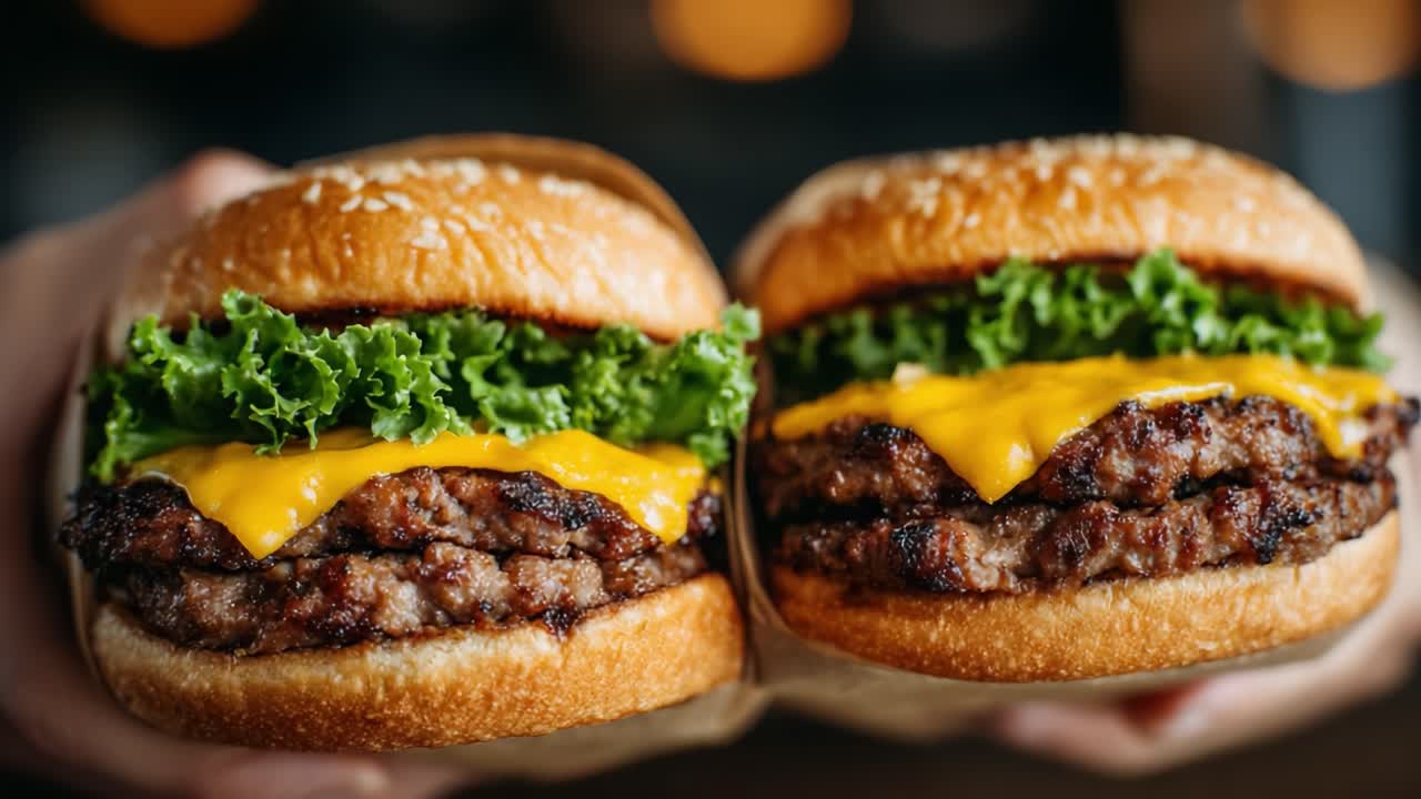 Delicious Double Cheeseburgers with Fresh Lettuce and Melted Cheddar Cheese Captured in Vibrant Detail, Perfect for a Gourmet Burger Experience