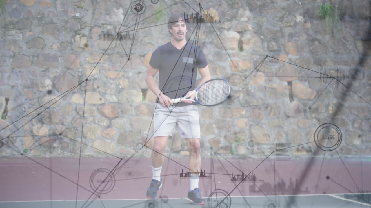male tennis player practicing on outdoor court, with sports tech nodes and bar charts floating