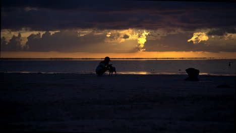 silhouette of a brunette girl enjoying the sunset at the beach with her dog with a very dramatic sky