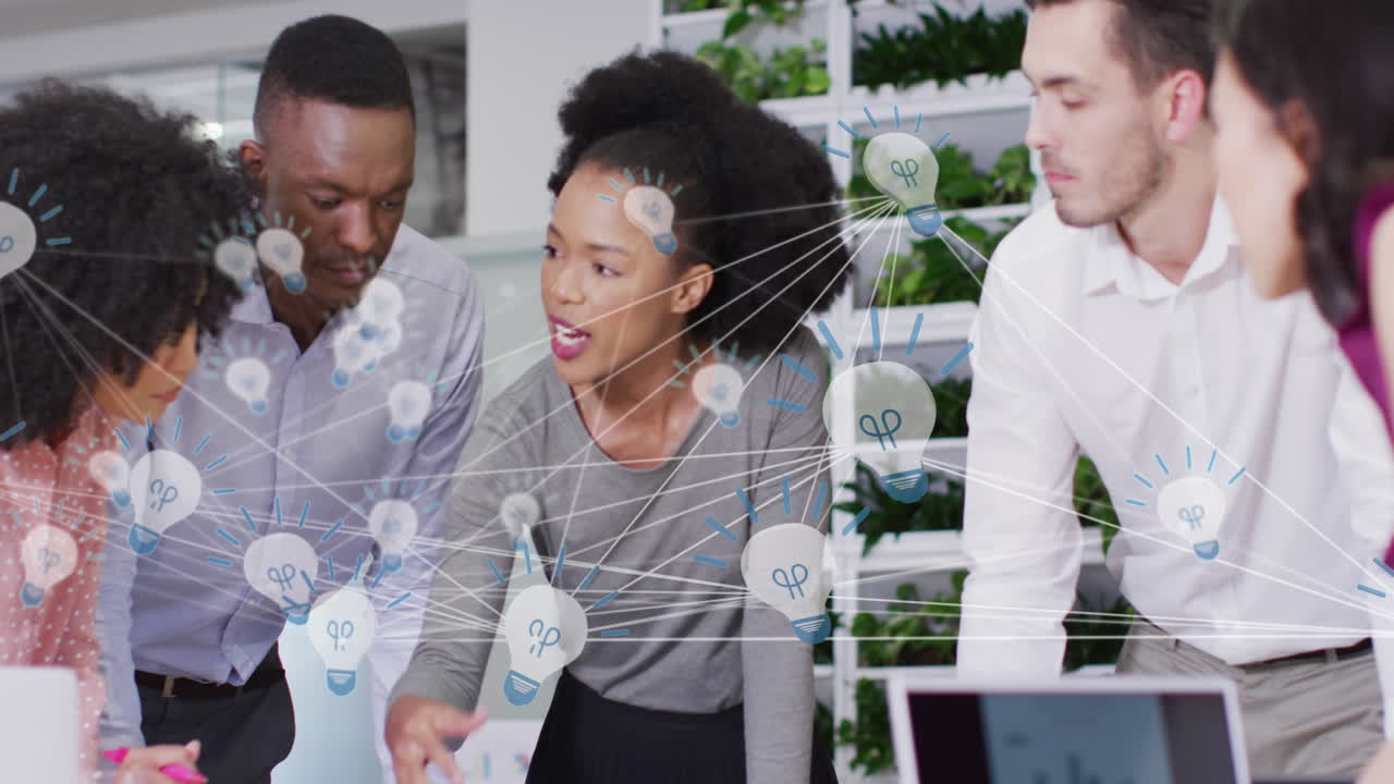 Animation of connections and data processing over diverse business people in office