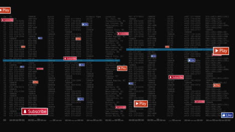 botones de redes sociales animación sobre fondo negro con texto blanco y números