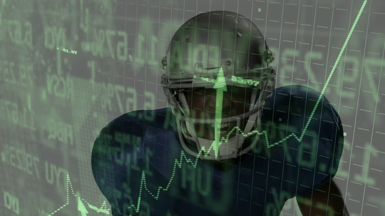 Overlaying financial data and stock market graphs, American football player in action