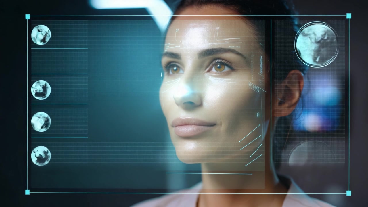 A woman with a high-tech facial interface showcases advanced digital skin analysis, highlighting features and monitoring her skin health with glowing graphics.