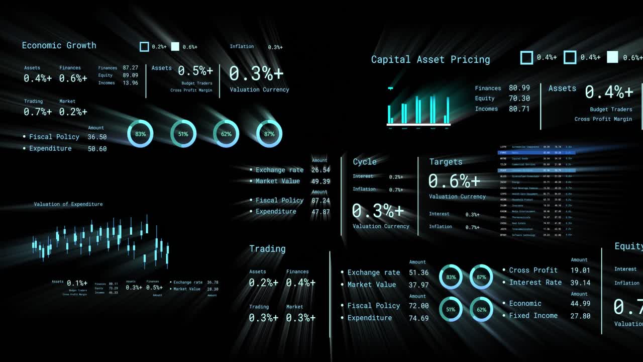 Animation of financial data processing with numbers over black background