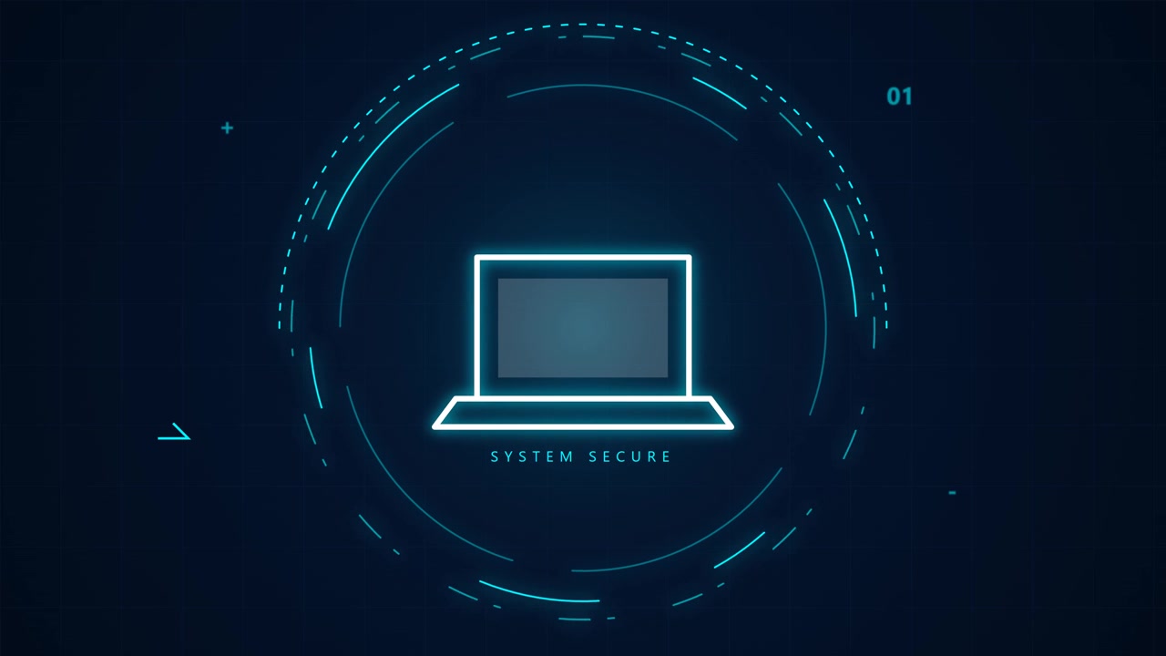 Digital Laptop Icon with System Secure Notification in Futuristic Interface