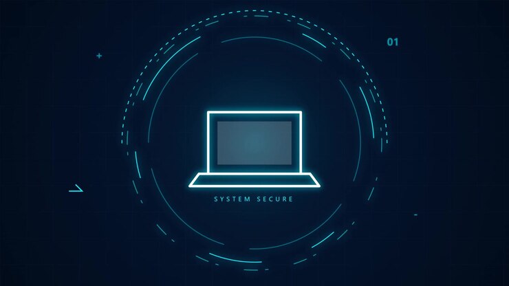 Digital Laptop Icon with System Secure Notification in Futuristic Interface