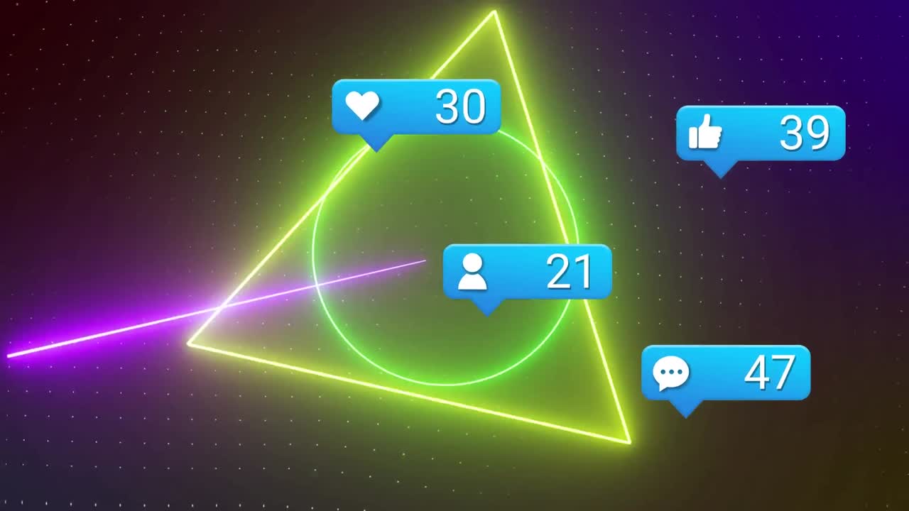 어두운 배경에 떨어지는 아이콘과 기하학적 모양의 애니메이션