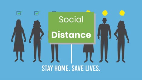 Social-distance-text-on-green-banner-over-people-maintaining-social-distancing-on-blue-background