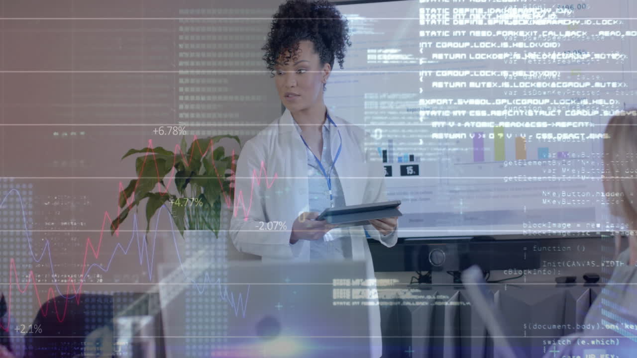 Animation of data processing over biracial female doctor in office