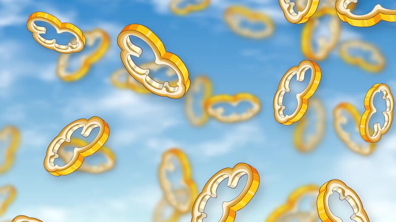 Anelli stilizzati di peperone giallo cadono attraverso un cielo blu soleggiato con nuvole bianche e soffici