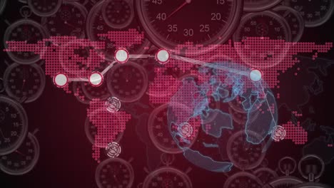 Animación-Del-Globo-Y-La-Red-En-El-Mapa-Mundial-Con-Procesamiento-De-Datos-Sobre-Relojes-Que-Caen