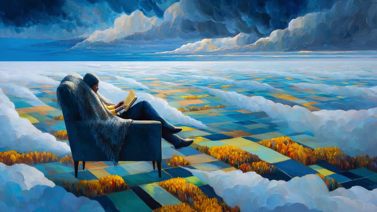 A Dreamy Escape: Embracing Imagination While Reading a Book in a Surreal, Cloudy Landscape with Vibrant Fields Stretching out to the Horizon