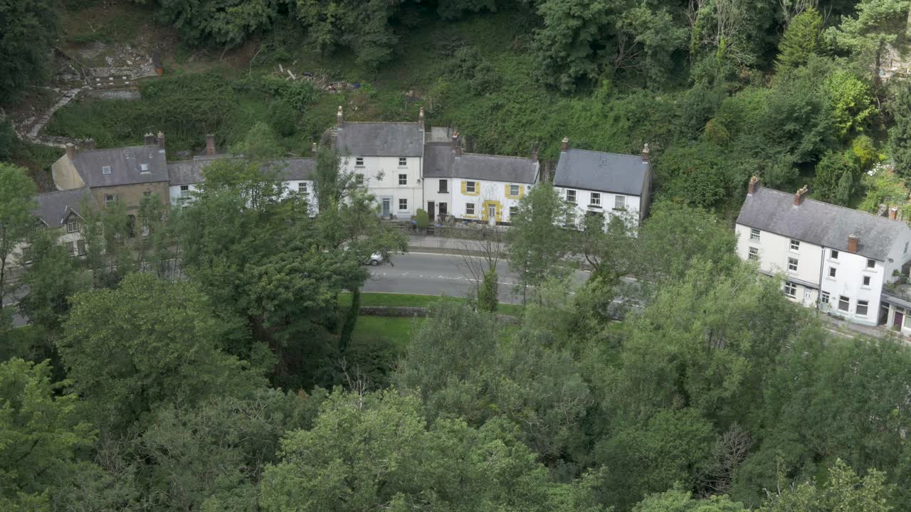 Houses and street in valley, birds eye view. Top view