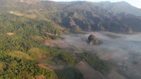 aerial, foggy alpine landscapes of phu langka, phayao, thailand