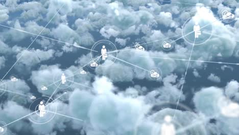 animation of network of connections with icons over clouds