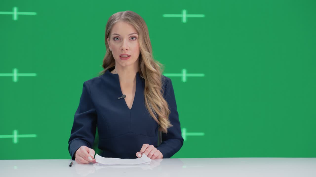 Newsroom TV Studio Live News Program with Green Screen Background: Female Presenter Reporting, Talking. Television Cable Channel Anchorwoman. Network Broadcast Mock-up Playback with Tracking Markers