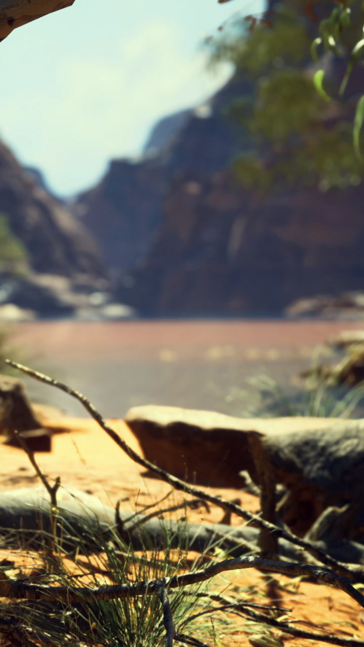 Sunny desert landscape reveals hidden beauty near tranquil water
