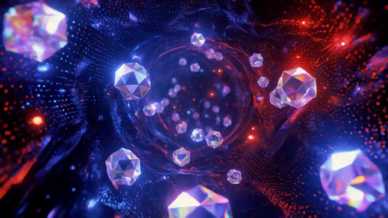 Abstract Tunnel of Floating Geometric Crystals and Glowing Particles