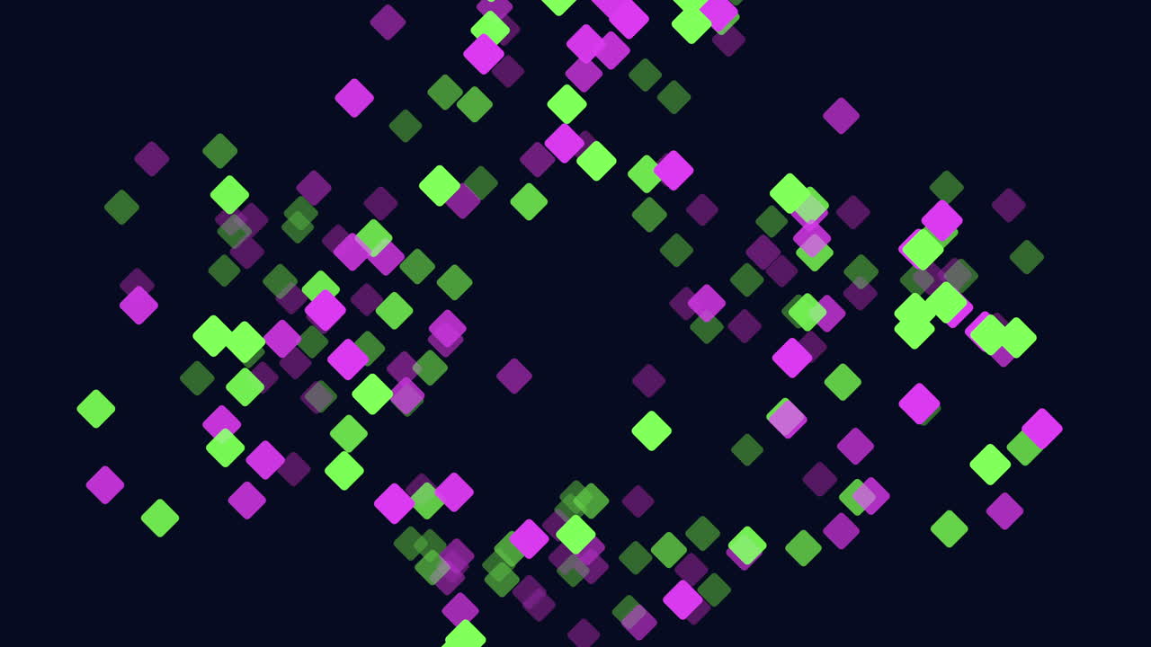 An abstract composition featuring green and purple dots arranged in a circular formation on a dark backdrop, giving the impression of weightless floating entities
