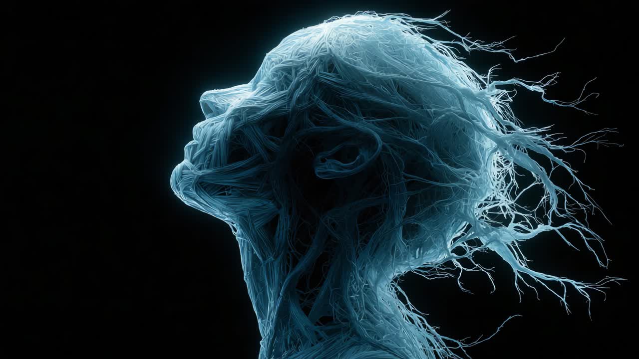 A mesmerizing portrayal of an ethereal figure rendered in intricate, luminescent textures, showcasing a blend of organic and abstract forms against a dark backdrop