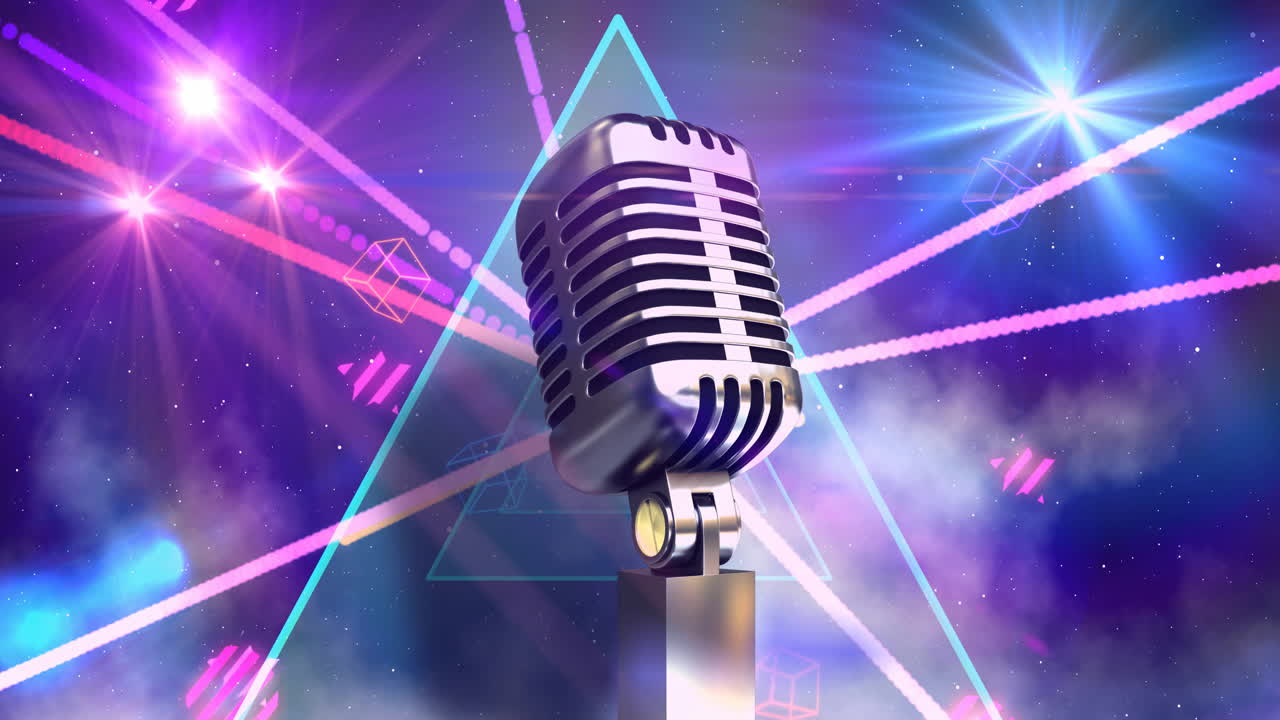 빛과 기하학적 모양의 반 ⁇ 이는 반점 위의 레트로 마이크의 구성