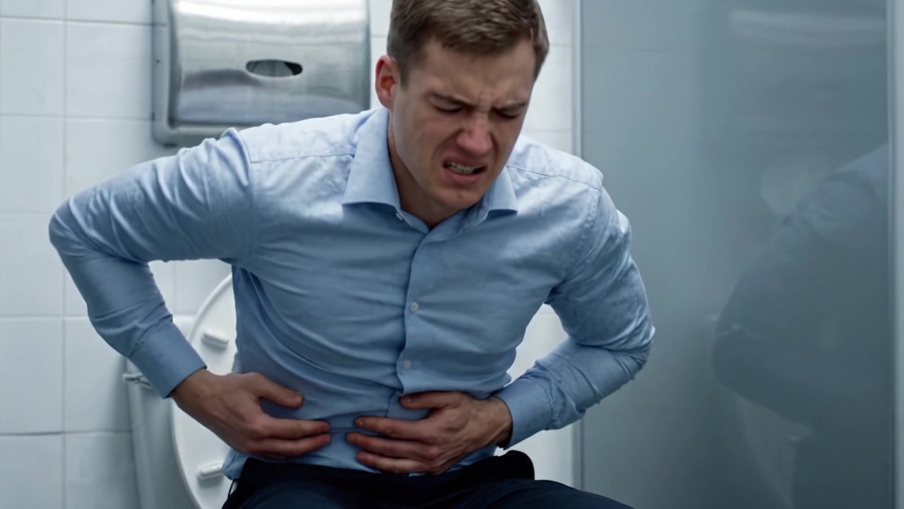 Struggling with Discomfort: A Man's Battle Against Abdominal Pain in a Restroom Setting Captured Across Two Frames
