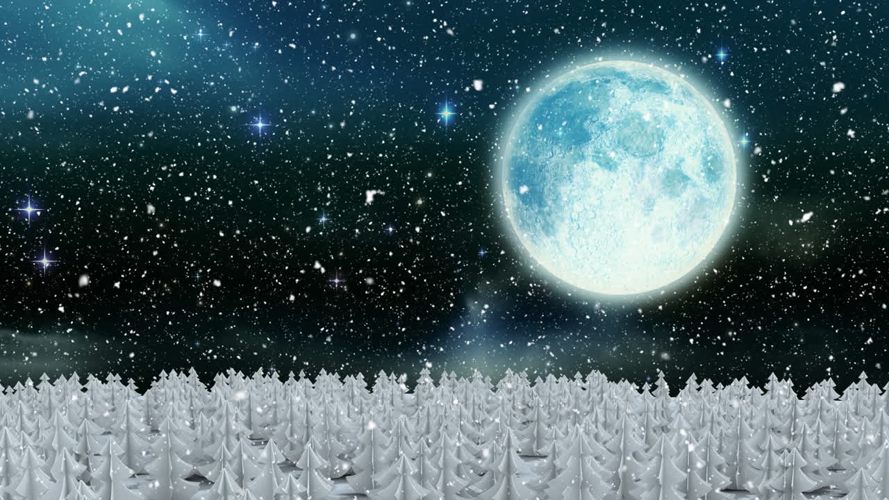 달과 별을 배경으로 겨울 풍경에서 여러 나무 위에 내리는 눈의 디지털 애니메이션