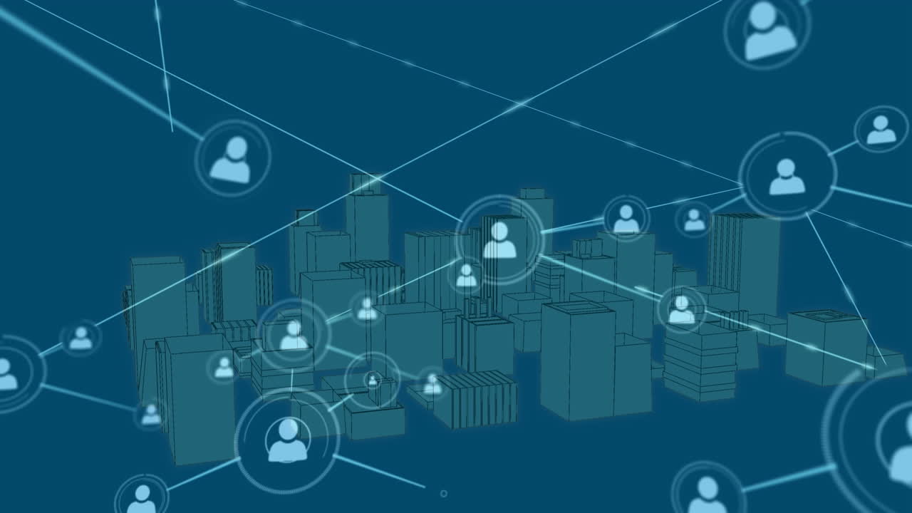 Animation of profile network connecting dots with 3d urban city on digital interface