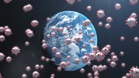 animación de células de covid 19 flotando sobre el planeta tierra