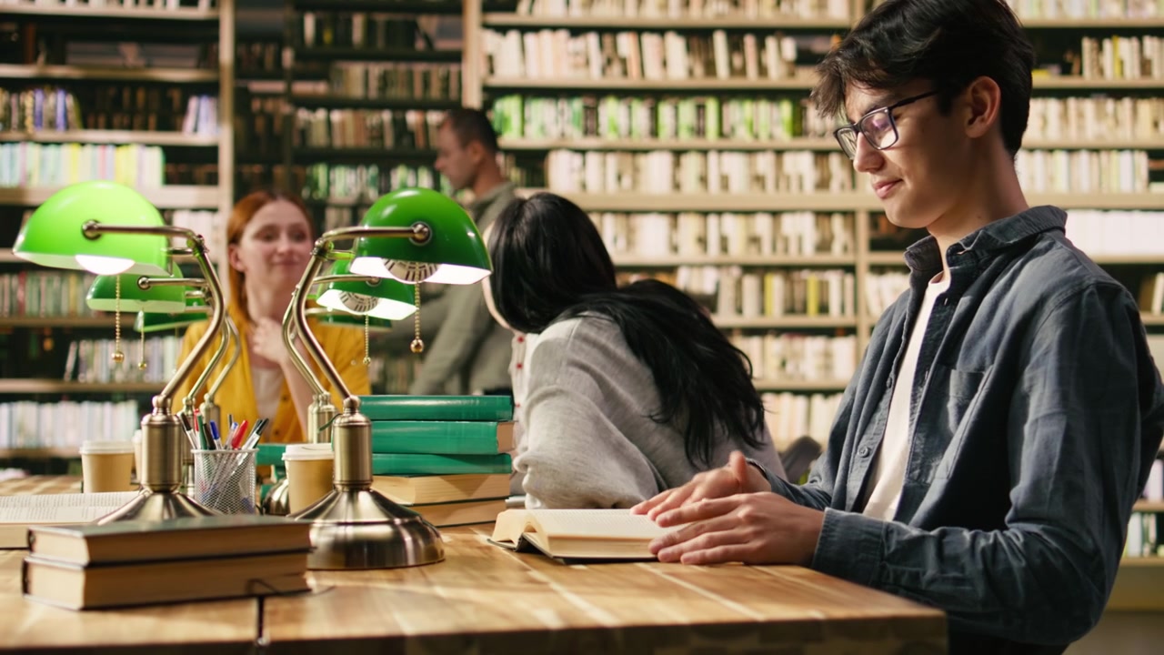 Profilo laterale di uno studente che legge un libro aperto a un tavolo tranquillo in biblioteca