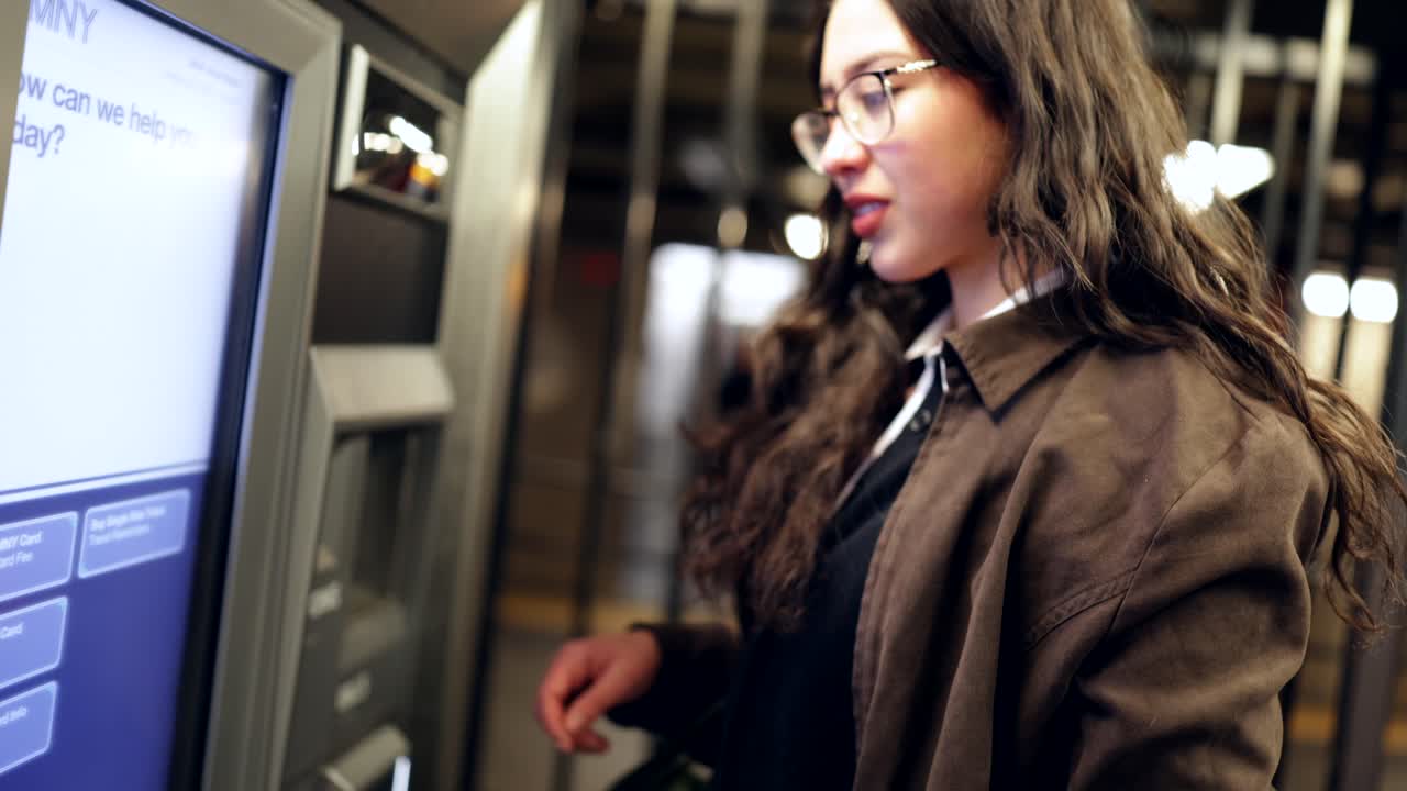 Una donna che usa un distributore automatico di biglietti in una stazione della metropolitana