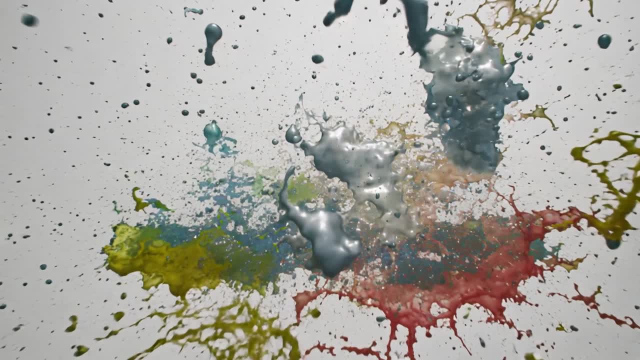 Vernice multicolore in collisione dopo il rilascio, che si espande e si frammenta in studio, formando gocce grigie.