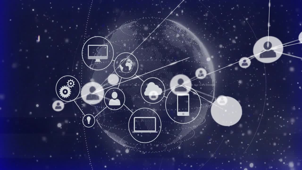 Rotating globe fading cloud icon connecting gear info and user icons, forming global network