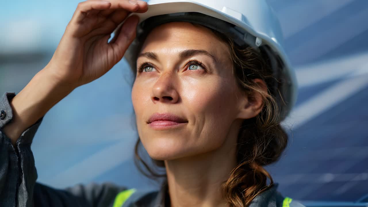 A thoughtful engineer, donned in a safety helmet, gazes upward, pondering the future of renewable energy, surrounded by a vast array of solar panels glimmering in the sunlight, embodying innovation and sustainability