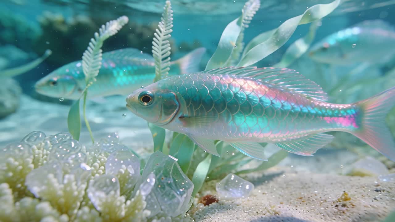 Pesce di scogliera color verde-blu che nuota becchettando sacche di bolle sulla sabbia, la telecamera inizia a seguire la posidonia e i coralli.