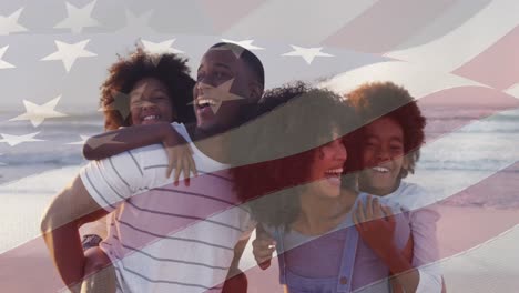 animation of flag of usa over african american couple with son and daughter on vacation