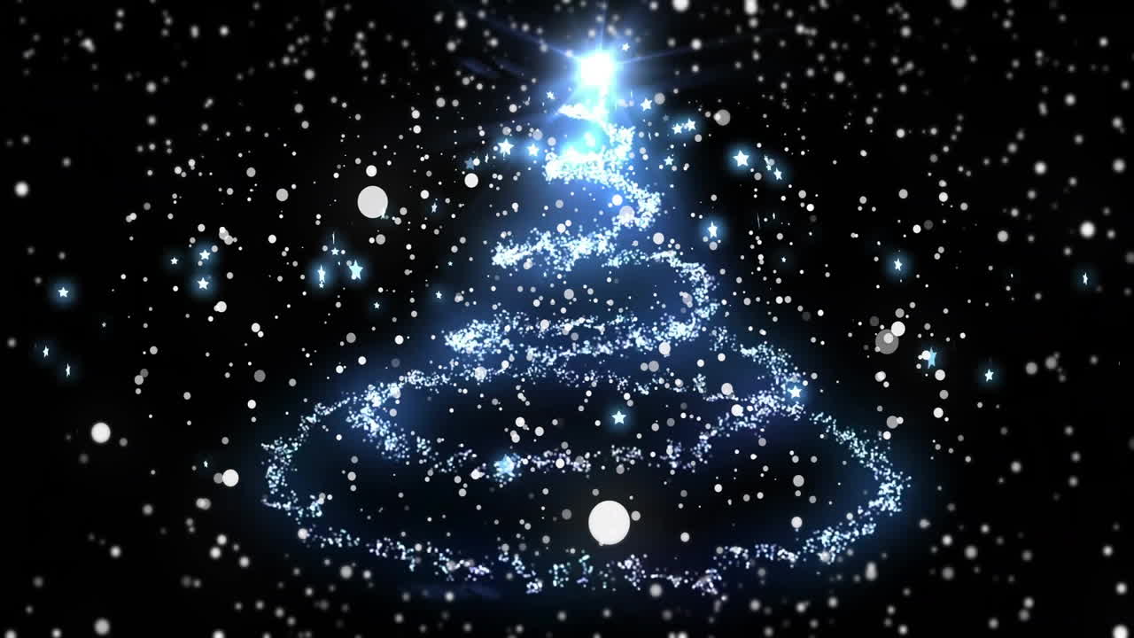 animación de árbol de navidad y nieve cayendo sobre fondo negro