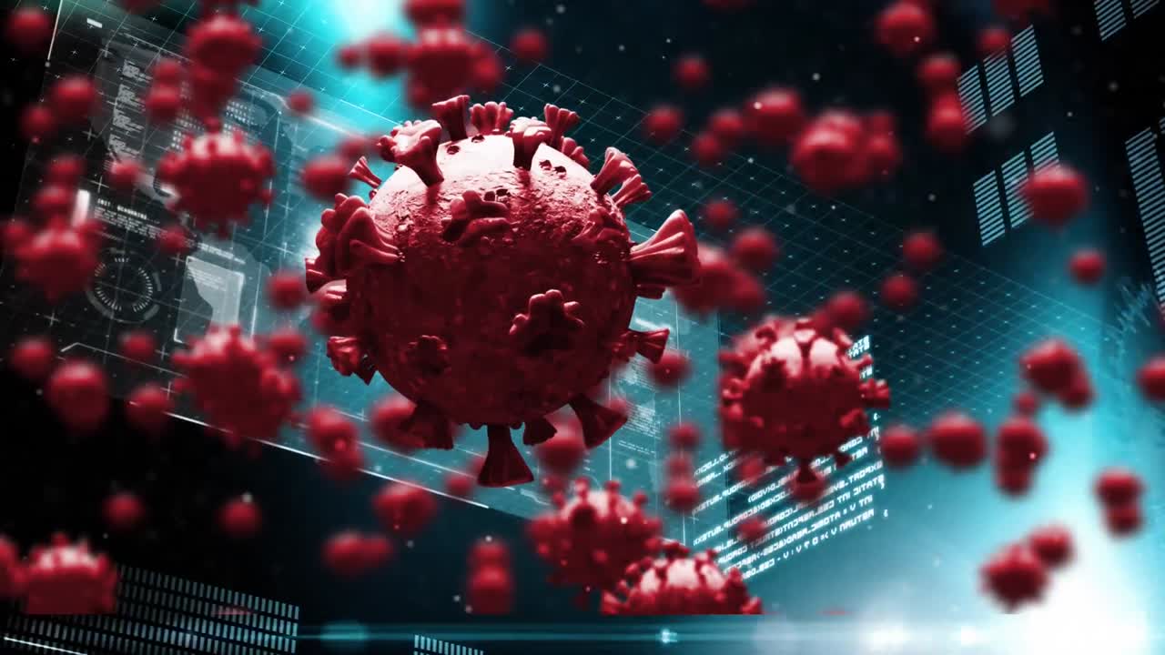 Animation of virus cells over screen with scientific data