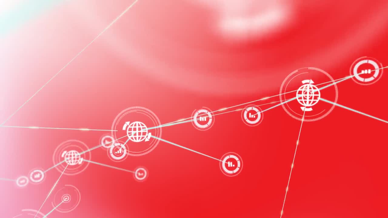 animación de la red de conexiones con iconos sobre fondo rojo