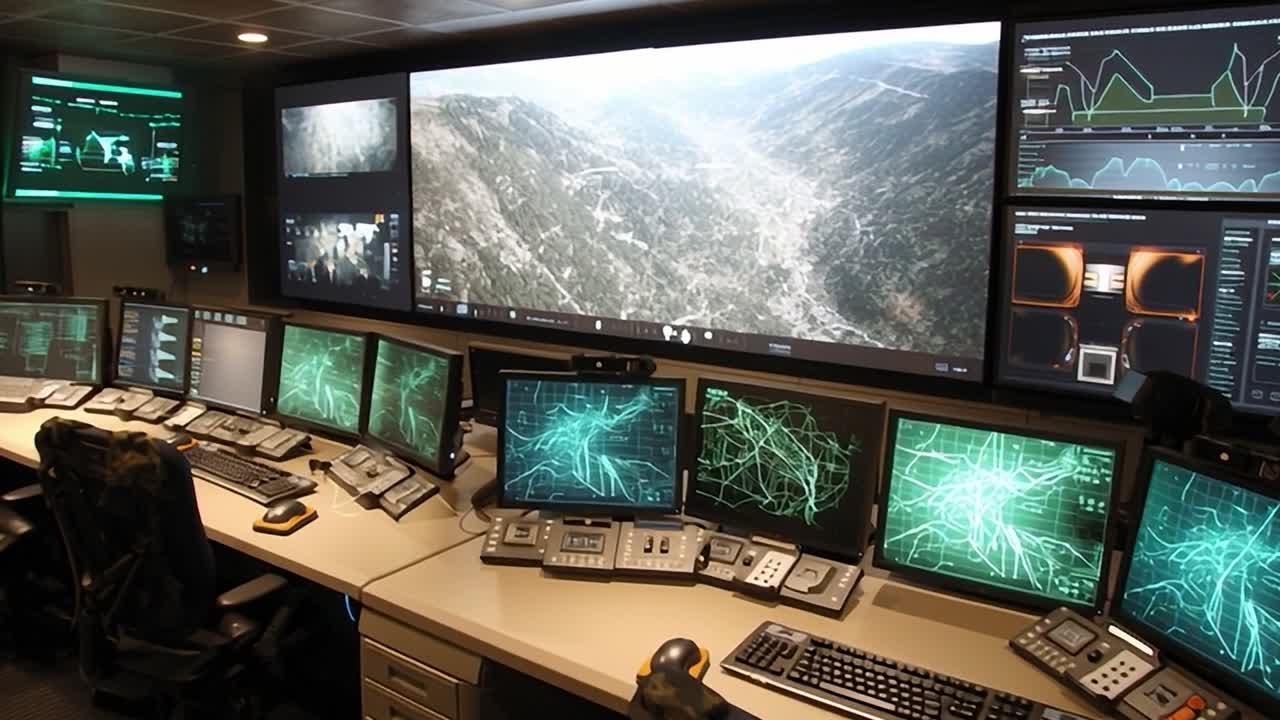 Kontrollraum mit fortschrittlicher Technologie zur Überwachung von Gebirgslandschaft