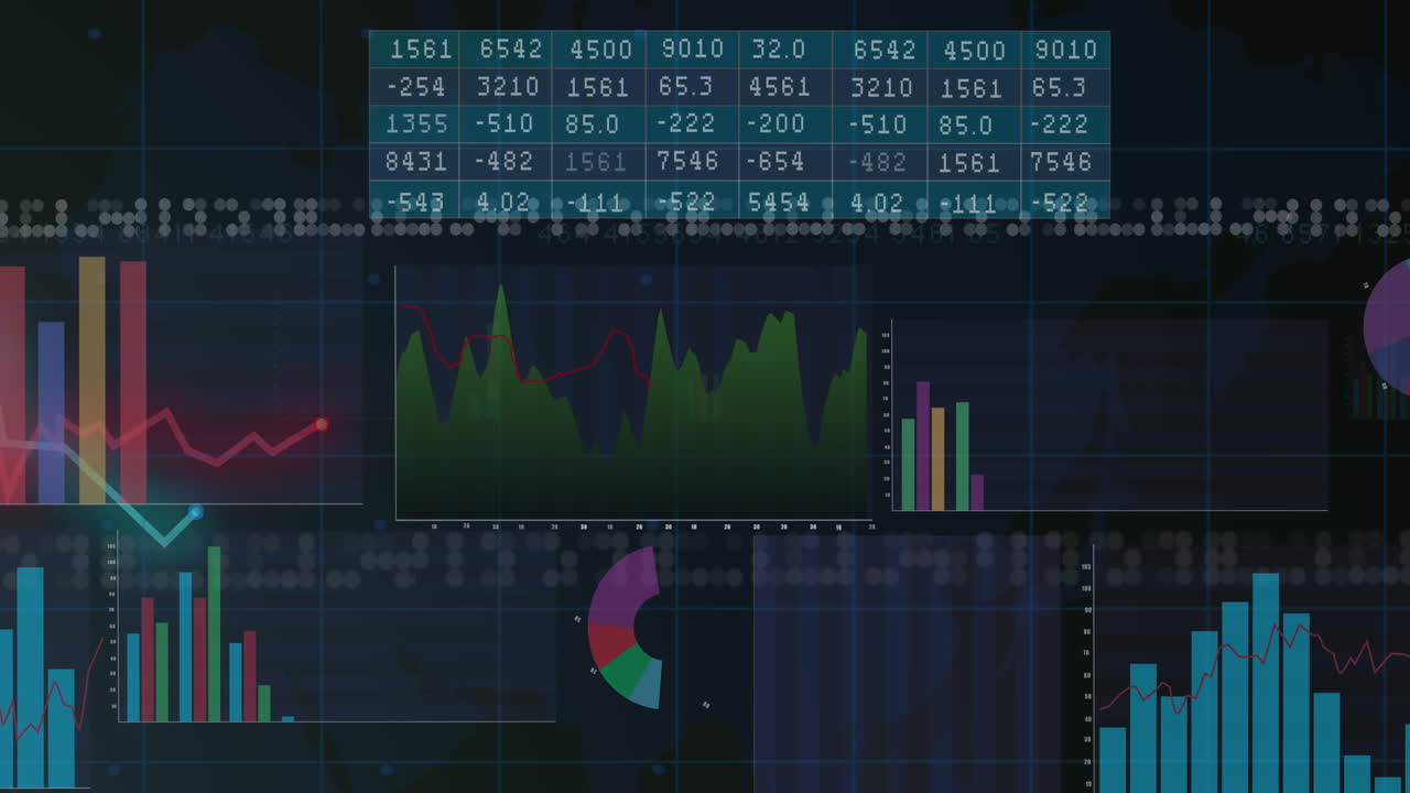 Animation of financial data processing on black background