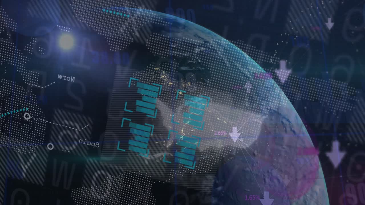Animation of financial data processing and globe on black background