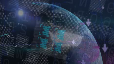 animación del procesamiento de datos financieros y globo sobre fondo negro